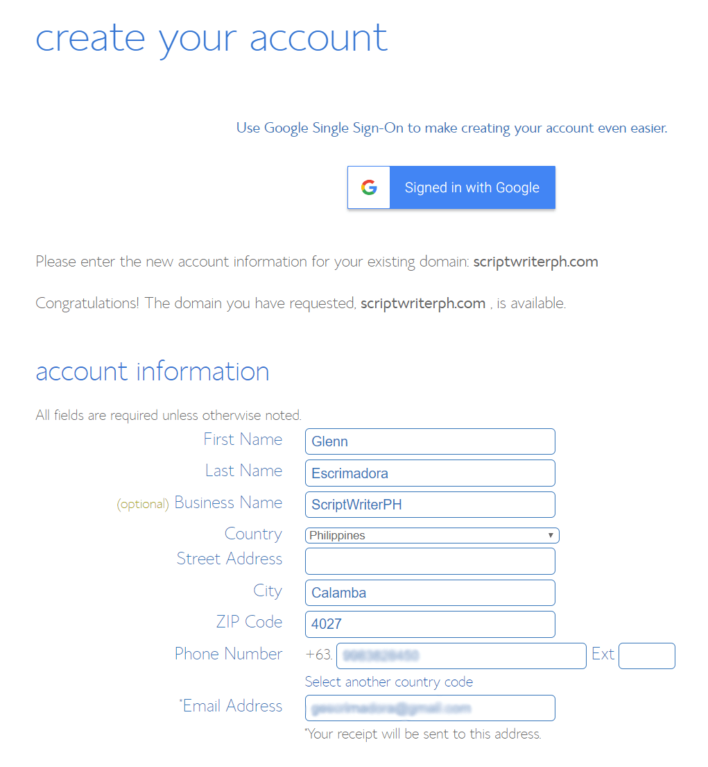 bluehost create account account information