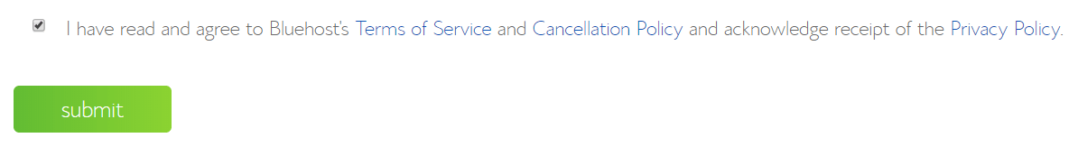 bluehost create account terms of service cancellation policy privacy policy