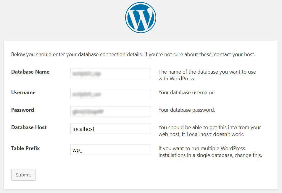 wordpress configuration database connection details