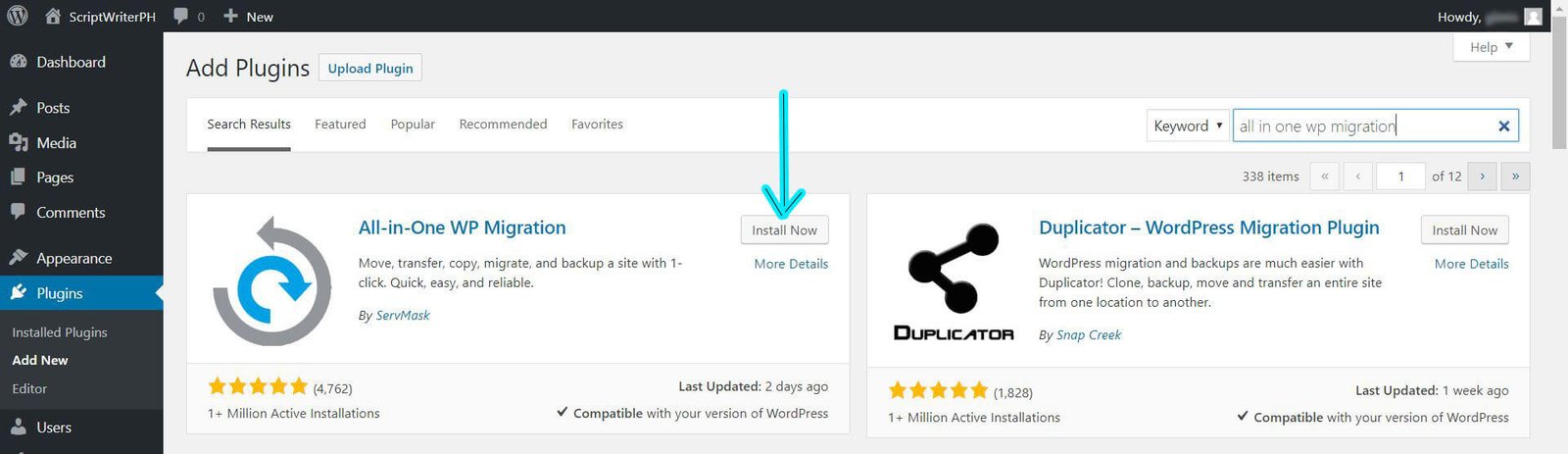 wordpress plugins add new all in one wp migration