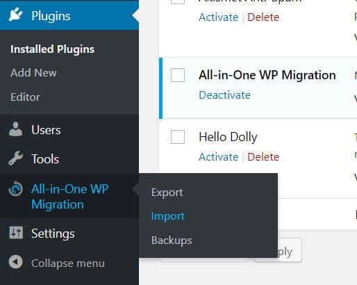 wordpress plugins all in one wp migration import