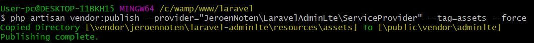 integrate adminlte in laravel php artisan vendor publish --provider= JeroenNoten-LaravelAdminLte-ServiceProvider --tag=assets --force