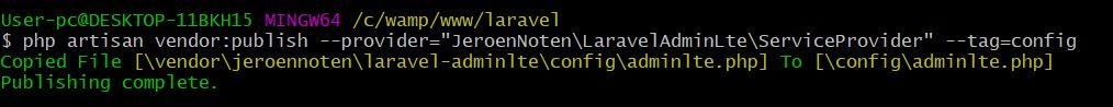 integrate adminlte in laravel php artisan vendor publish --provider= JeroenNoten-LaravelAdminLte ServiceProvider --tag=config
