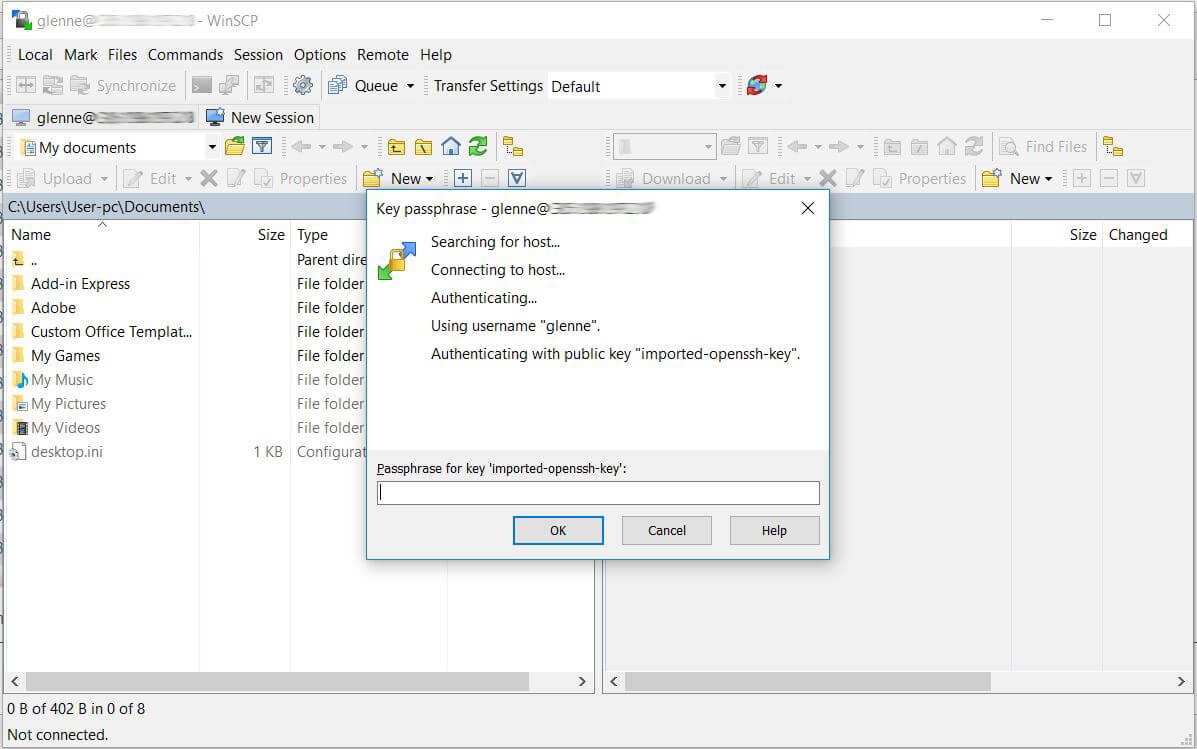 Upload WordPress Files And Database To Remote Host - WinSCP passphrase for key imported ssh key