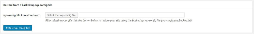 All In One WP Security & Firewall - Settings - wp-config.php file - Restore from a backed up wp-config file