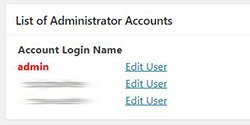 All In One WP Security & Firewall - User Accounts - WP Username - List of Administrator Accounts