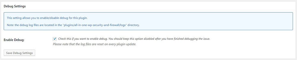All In One WP Security & Firewall - settings - Debug settings