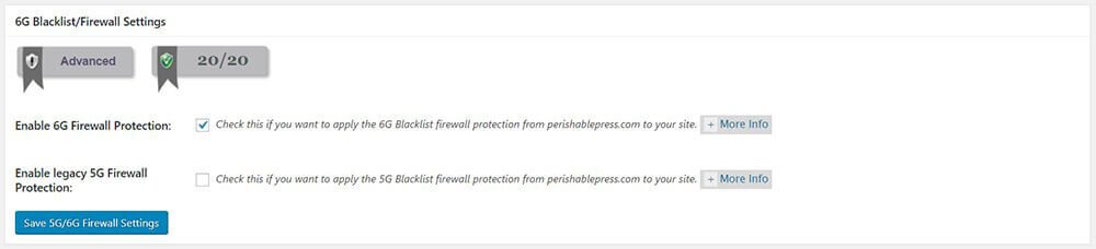 All In One WP Security & Firewall - Firewall - 6G Blacklist Firewall Rules - 6G Blacklist Firewall Settings - Enable 6G Firewall Protection - Enable legacy 5G Firewall Protection