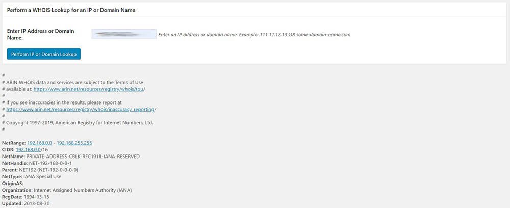 All In One WP Security & Firewall - WHOIS Lookup - Perform a WHOIS Lookup for an IP or Domain Name - Perform IP or DOmain Lookup