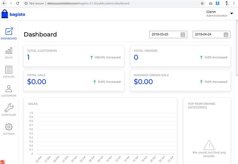 bagisto dashboard page