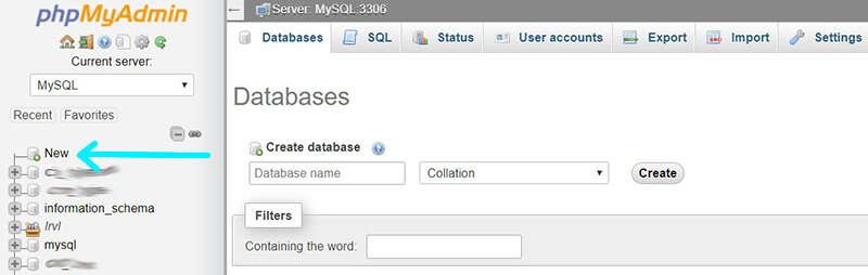 create database using phpmyadmin - new