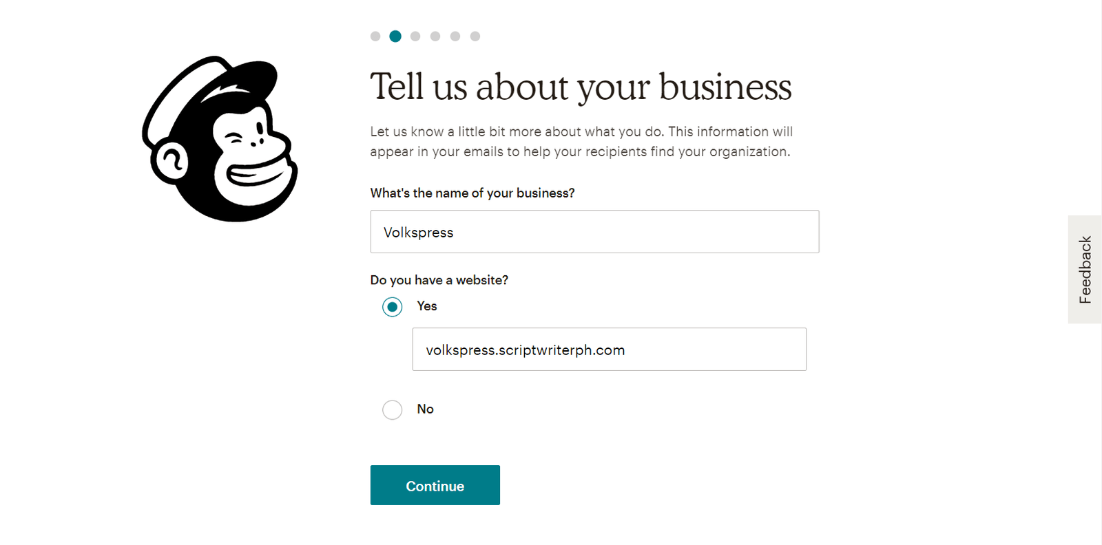 create mailchimp account - provide business information