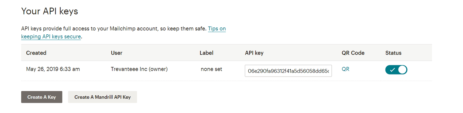mailchimp - API keys - mailchimp API key - created a key successfully