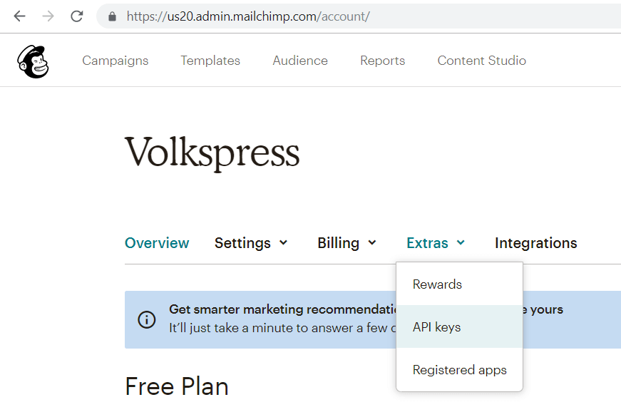 mailchimp - navigate to api keys