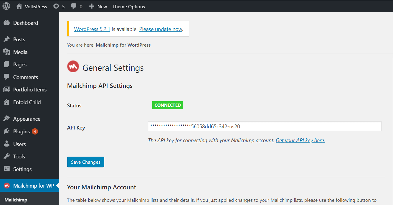 mailchimp for wordpress - mailchimp API settings - connected
