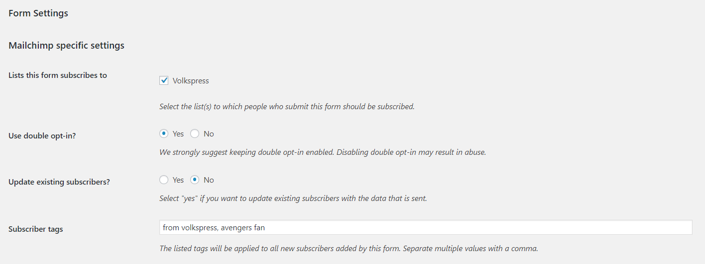 mailchimp specific settings