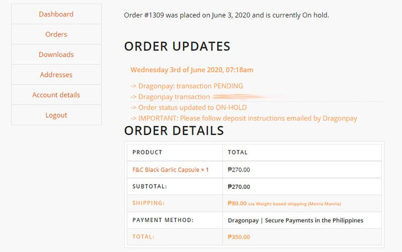 DragonPay - my account - orders updates