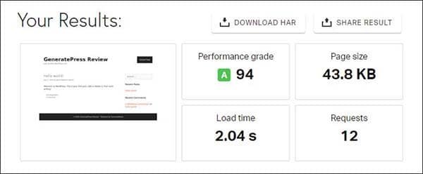 GeneratePress Review - Pingdom tool - performance grade - page size, load time, requests