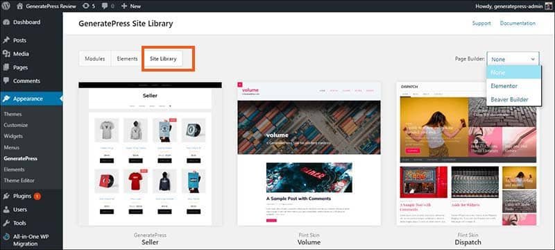 GeneratePress Review - features and functionalities - Site Library 1
