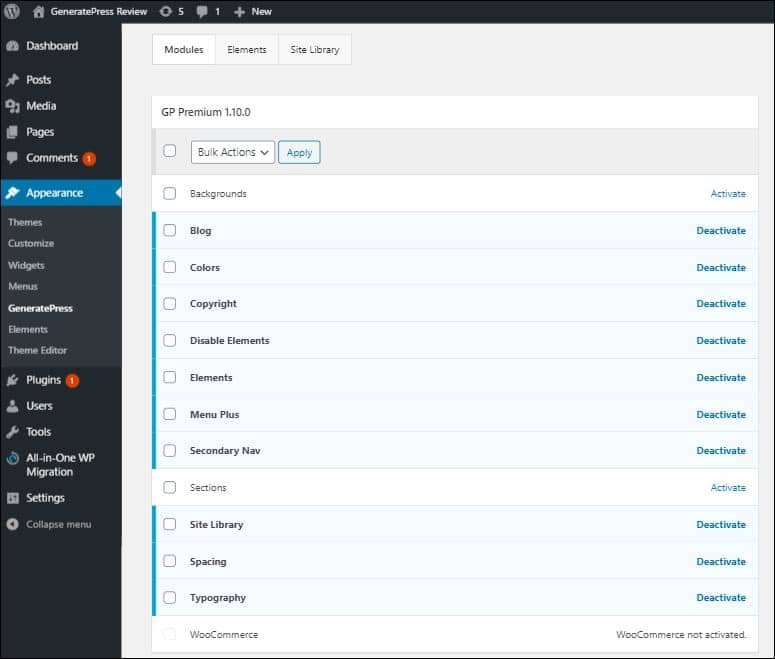 GeneratePress - features and functionalities - Modules