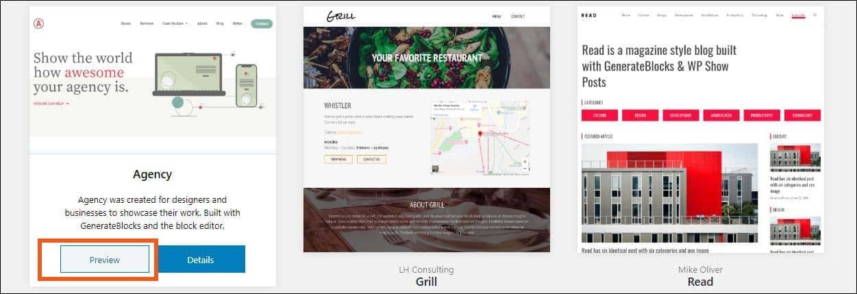 GeneratePress - features and functionalities - Site Library - preview demo website
