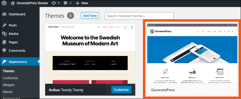 GeneratePress Free WordPress theme successfully installed