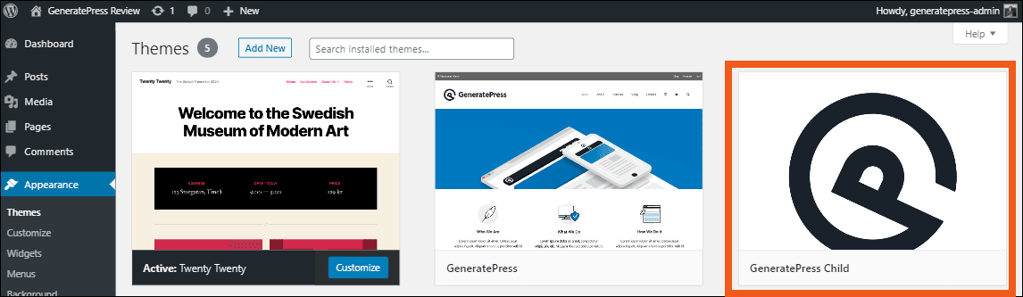 GeneratePress child theme successfully installed