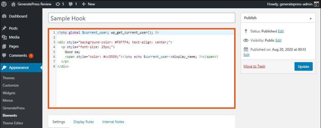 GeneratePress - features and functionalities - hooks element - add new hooks element - html, css, javascript, php code