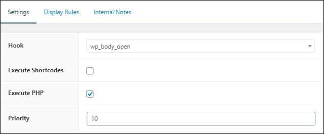 GeneratePress - features and functionalities - hooks element - settings