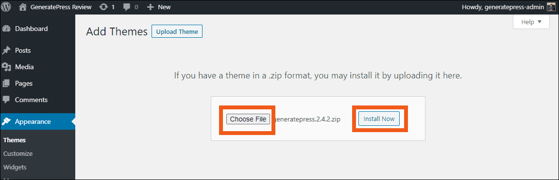 Install GeneratePress free - Upload theme and install now