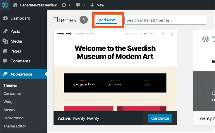 Install GeneratePress free WordPress theme, Add New