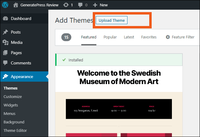 Install GeneratePress free theme, Upload Theme zip