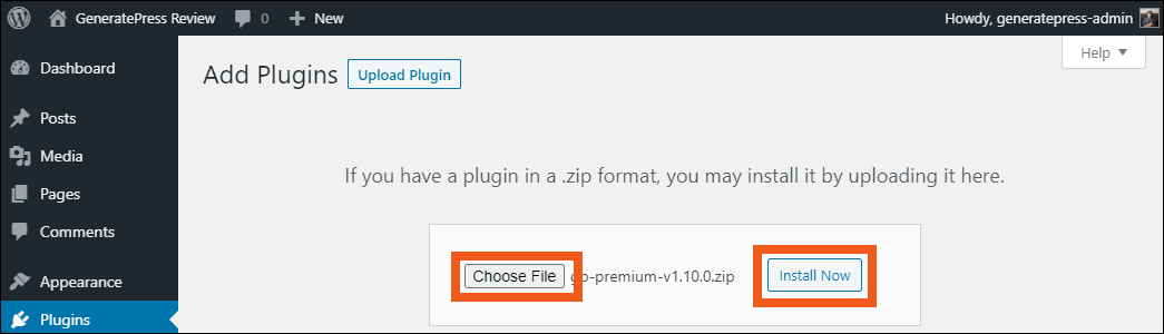 Install GeneratePress premium - Upload theme and install now