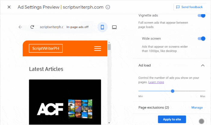AdSense Page exclusions setting to exclude certain pages on site from displaying Auto ads