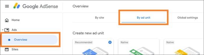 AdSense navigate to Ads Overview By ad unit