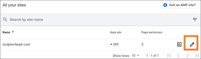 Add Google AdSense to WordPress - AdSense All your sites table click edit icon next to your site name