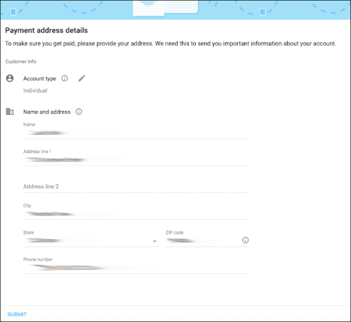 Add Google AdSense to WordPress - Get started with your AdSense Account - provide your payment address details