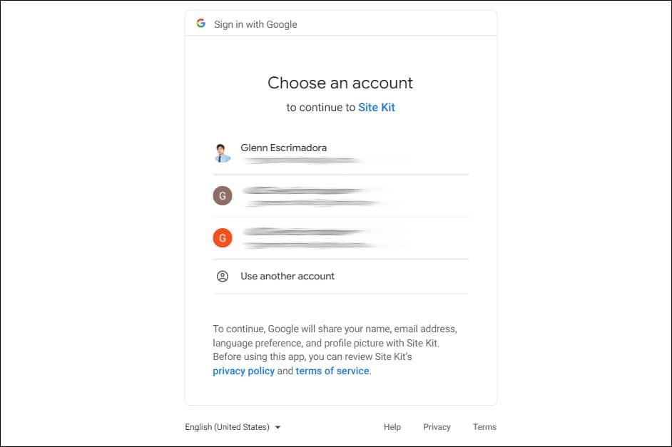 Add Google AdSense to WordPress - Set up Site Kit by Google - choose an account to continue to Site Kit