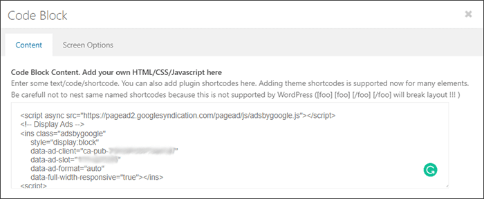 Add Google AdSense to WordPress using Enfold Code Block element (raw code)
