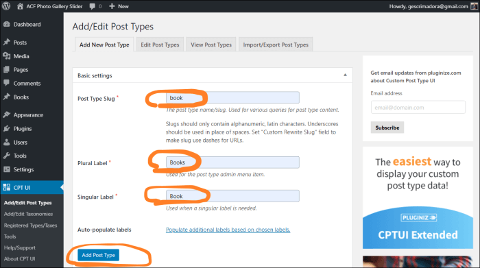 CPT UI Add new post type basic settings