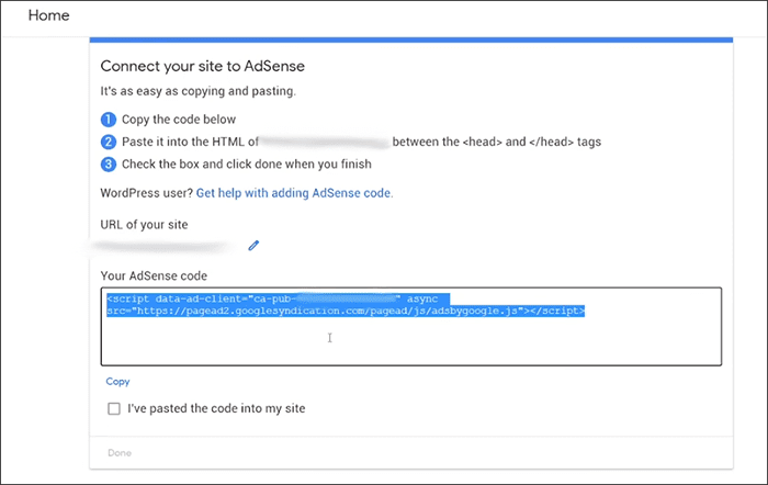 Connect your site to AdSense - AdSense code