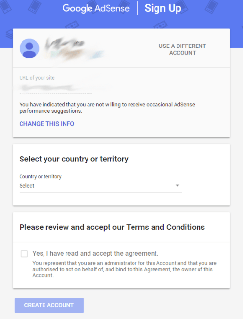 Create Google AdSense account - continue to fill up Google AdSense sign up form