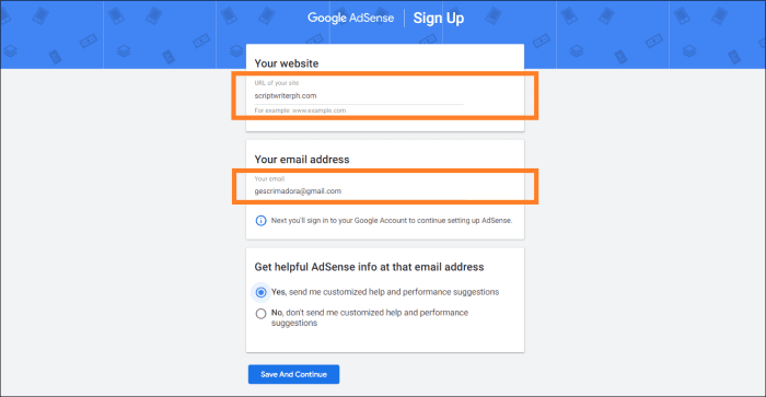 Create Google Adsense account - fill up Google Adsense sign up form