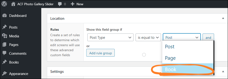 Custom fields set field location post type is equal to custom post books