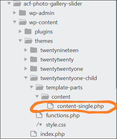 Make copy of template file content-single.php from twentytwentyone template-parts content to twentytwentyone-child template-parts content folder