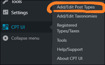 WordPress navigate to CPT UI Add Edit Post Types