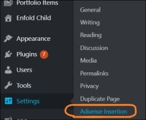WordPress navigate to Settings AdSense Insertion