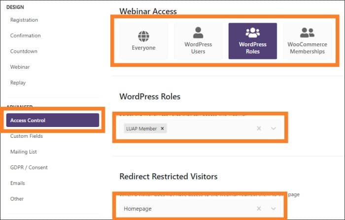 WebinarPress Access Control Settings