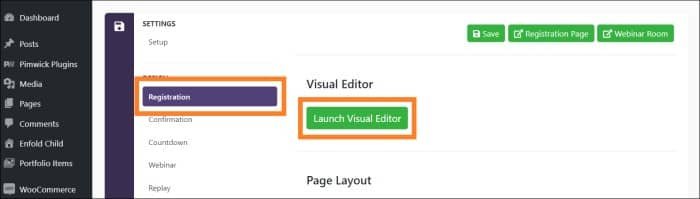 WebinarPress Design select Registration tab click Launch Visual Editor