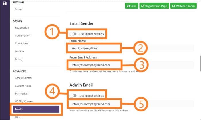 WebinarPress Emails change Email Sender and Admin Email
